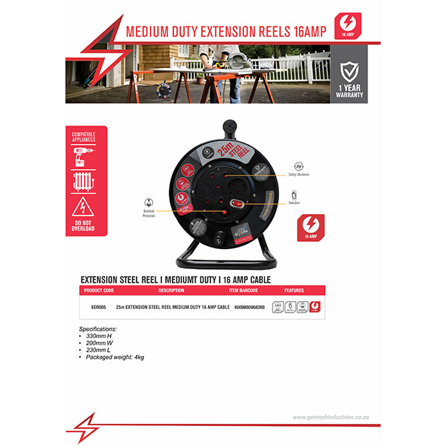 ElectricMate 16 Amp Steel Extension Reel 25M - Black