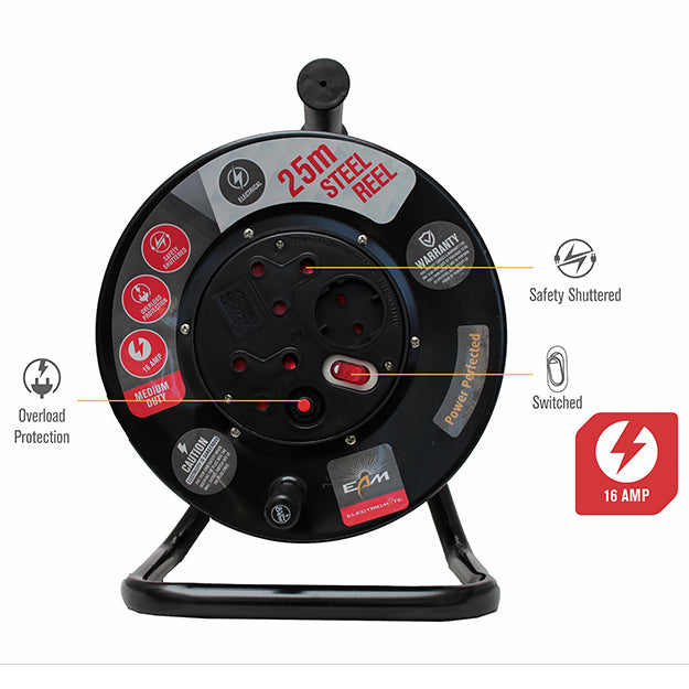 ElectricMate 16 Amp Steel Extension Reel 25M - Black
