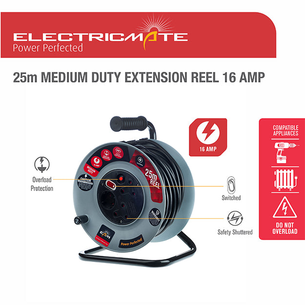 ElectricMate 16 Amp Extension Reel 25M - Grey