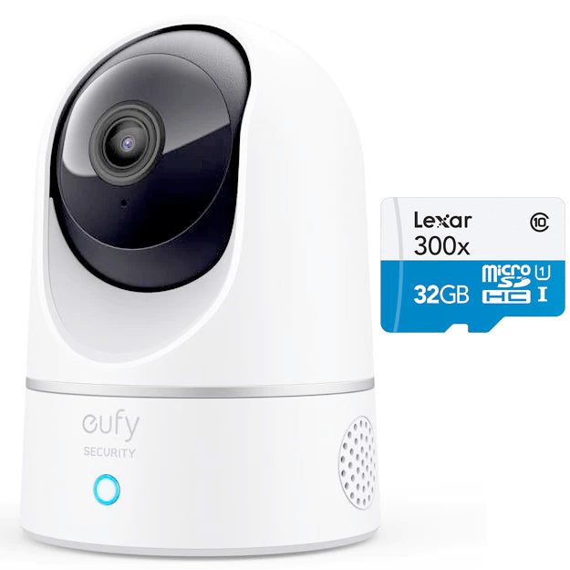 Eufy Indoor Security Camera 2K Pan & Tilt (Human & Pet AI) With Lexar 300x 32GB Micro SD Card - White