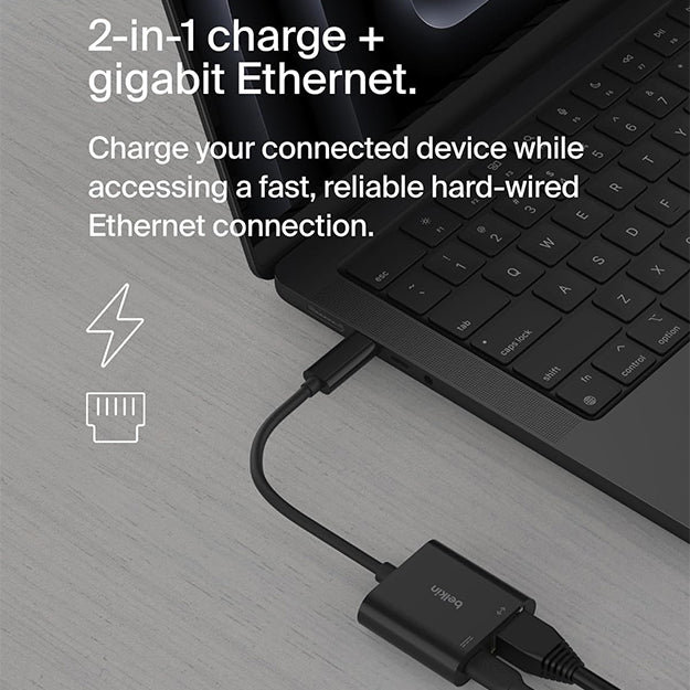 Belkin USB-C To Ethernet Adapter With PD Port Up To 100 Watt Power Delivery - Black