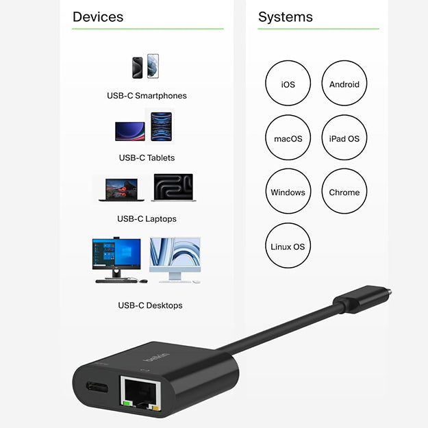 Belkin USB-C To Ethernet Adapter With PD Port Up To 100 Watt Power Delivery - Black