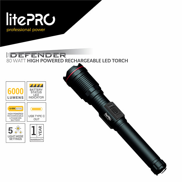 LitePro 80-Watt High Powered Rechargeable LED Torch 6000 Lumens - Black