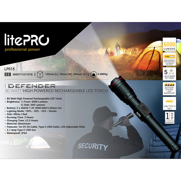 LitePro 80-Watt High Powered Rechargeable LED Torch 6000 Lumens - Black
