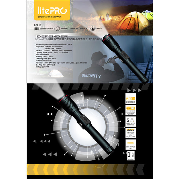 LitePro 80-Watt High Powered Rechargeable LED Torch 6000 Lumens - Black