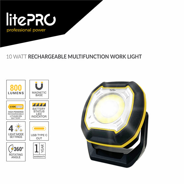 LitePro 10-Watt Rechargeable Multifunction Work Light 800 Lumens - Black