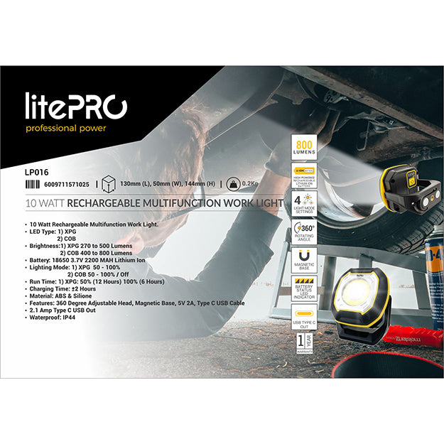 LitePro 10-Watt Rechargeable Multifunction Work Light 800 Lumens - Black
