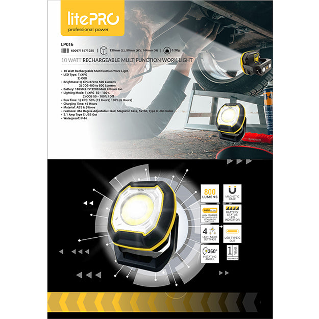 LitePro 10-Watt Rechargeable Multifunction Work Light 800 Lumens - Black