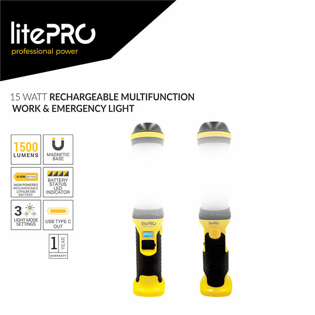 LitePro 15-Watt Rechargeable Multifunction Work And Emergency Light 1500 Lumens - Yellow