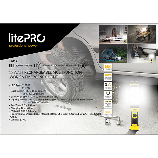 LitePro 15-Watt Rechargeable Multifunction Work And Emergency Light 1500 Lumens - Yellow