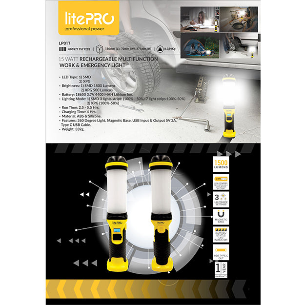 LitePro 15-Watt Rechargeable Multifunction Work And Emergency Light 1500 Lumens - Yellow