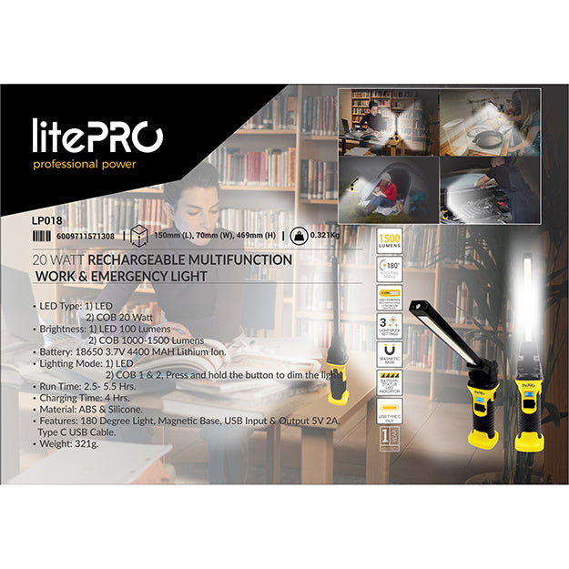 LitePro 20-Watt Rechargeable Multifunction Work & Emergency Light 1500 Lumens - Yellow
