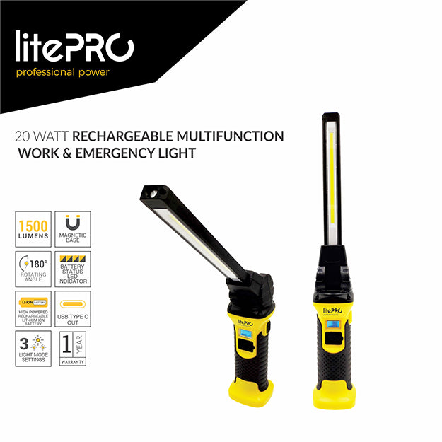 LitePro 20-Watt Rechargeable Multifunction Work & Emergency Light 1500 Lumens - Yellow