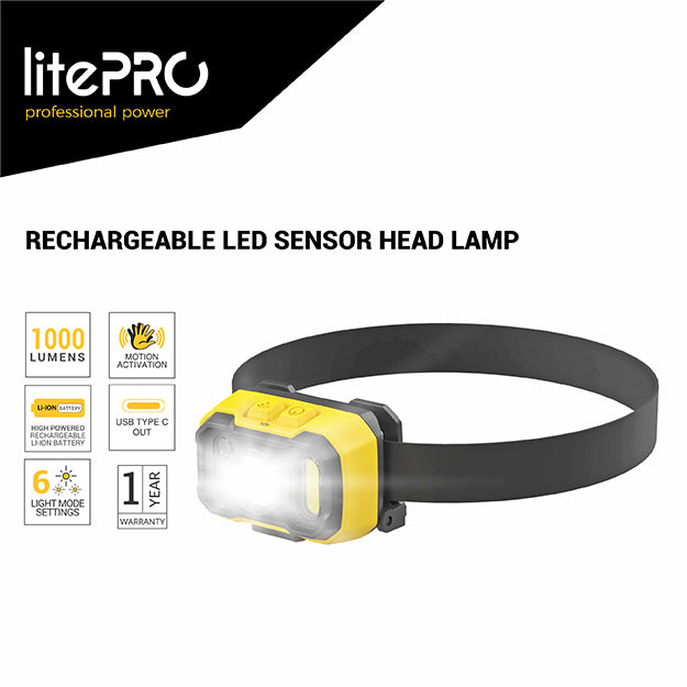 LitePro Rechargeable LED Sensor Head Lamp 1000 Lumens - Black