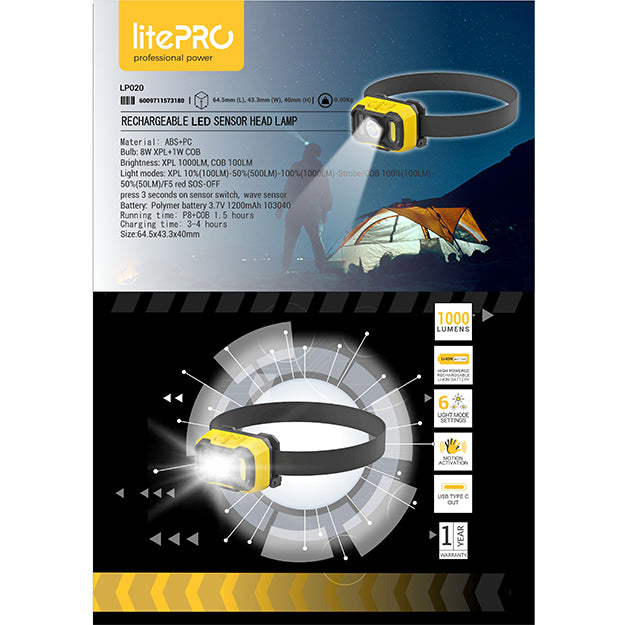 LitePro Rechargeable LED Sensor Head Lamp 1000 Lumens - Black