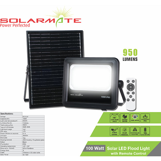 SolarMate 100-Watt Security Flood Light With Remote Control - Black