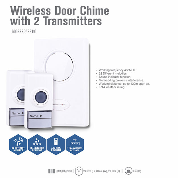 SecurityMate Wireless Door Chime With 2 Transmitters - White