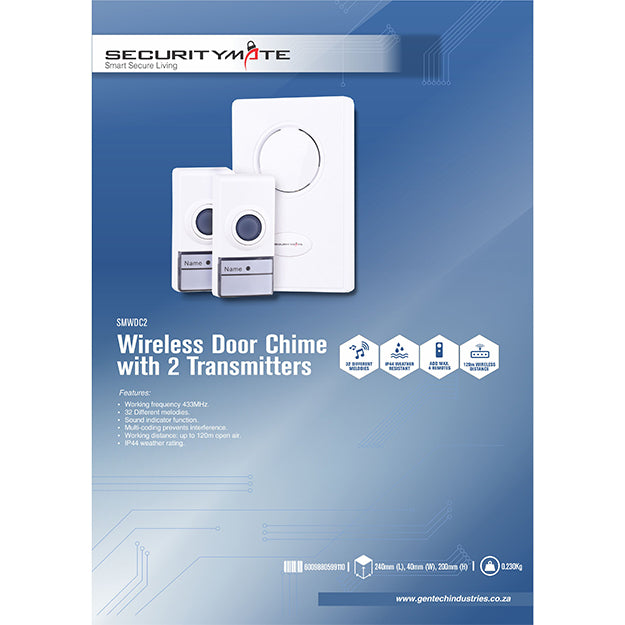 SecurityMate Wireless Door Chime With 2 Transmitters - White