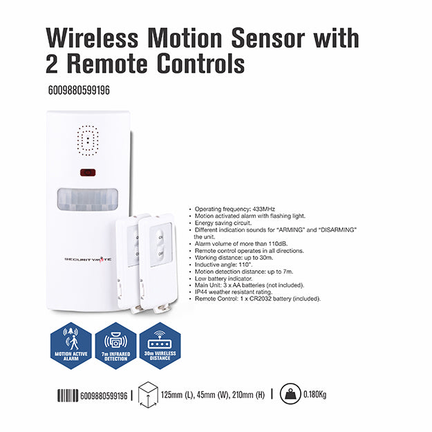 SecurityMate Wireless Motion Sensor With 2 Remote Controls - White