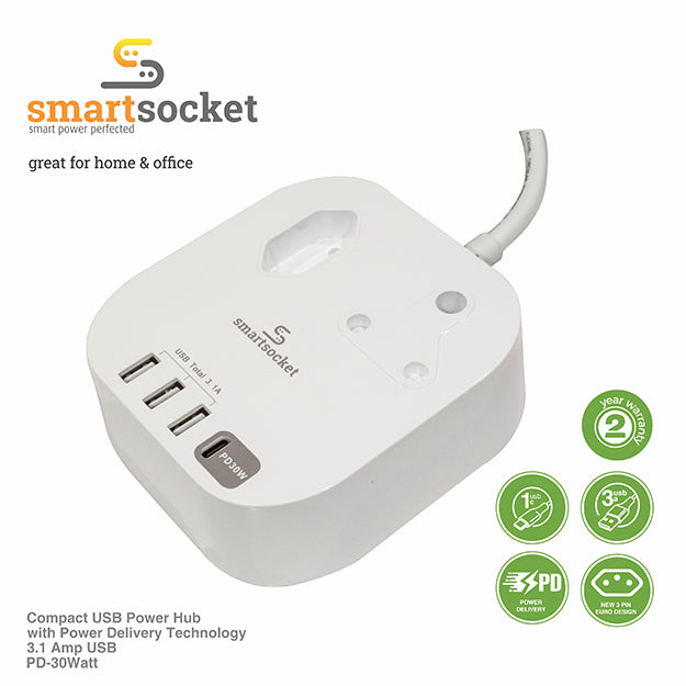 SmartSocket Compact USB Power Hub With PD 3.1AMP USB + 30 WATT PD - White