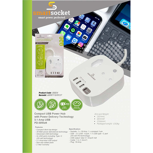SmartSocket Compact USB Power Hub With PD 3.1AMP USB + 30 WATT PD - White
