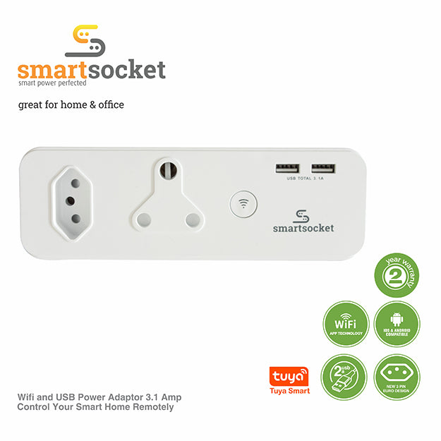 SmartSocket Wi-Fi Power Adaptor 1 X 3PIN EURO + 1 X 16 AMP SOCKET + 2 X USB A 3.1 AMP (Tuya Smart Living APP) - White