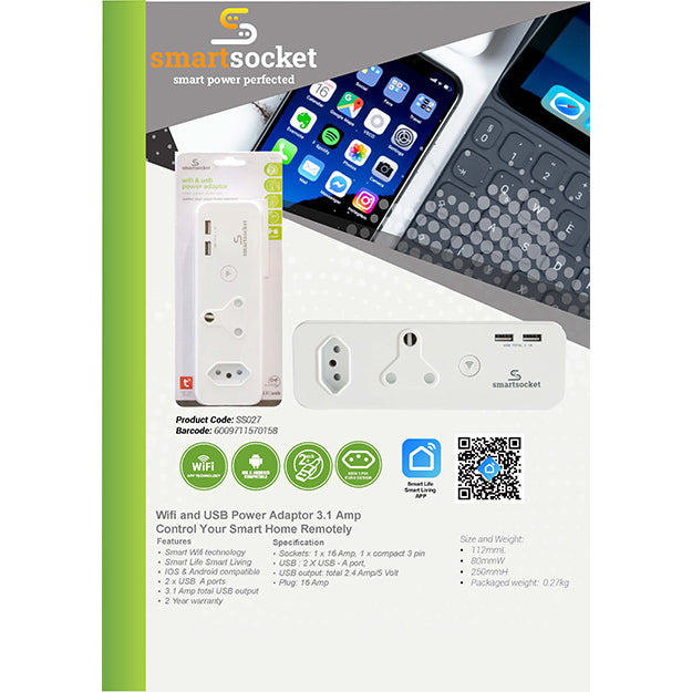 SmartSocket Wi-Fi Power Adaptor 1 X 3PIN EURO + 1 X 16 AMP SOCKET + 2 X USB A 3.1 AMP (Tuya Smart Living APP) - White