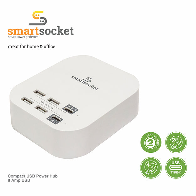 SmartSocket Compact USB Power Hub 8 Amp(4 X USB A + 2 X USB TYPE C) - White