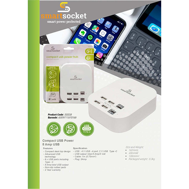SmartSocket Compact USB Power Hub 8 Amp(4 X USB A + 2 X USB TYPE C) - White