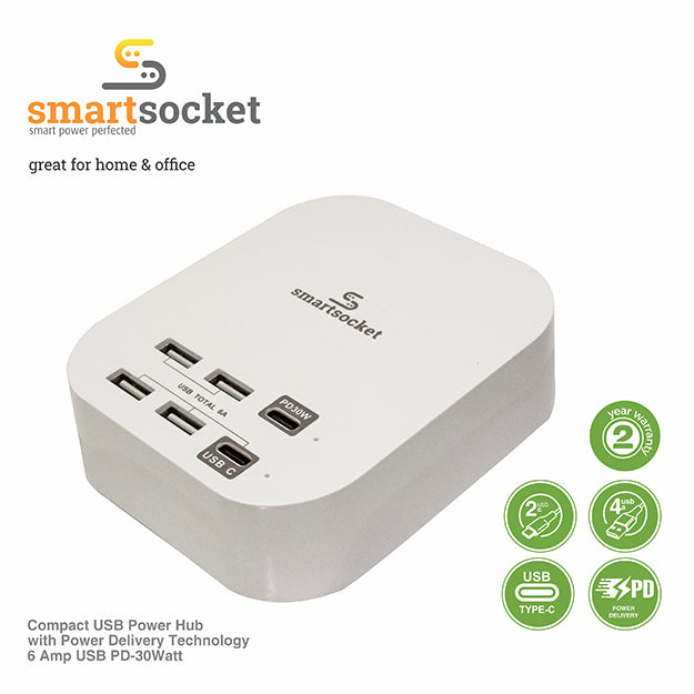 SmartSocket Compact USB Power Hub With PD 6 AMP (4 X USB-A + 1 X USB TYPE-C + 1 X PD 30 WATT) - White