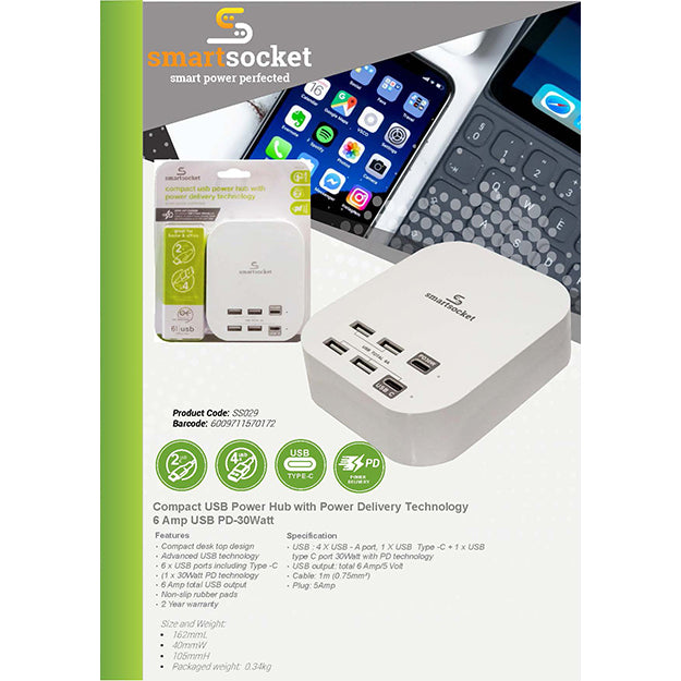 SmartSocket Compact USB Power Hub With PD 6 AMP (4 X USB-A + 1 X USB TYPE-C + 1 X PD 30 WATT) - White
