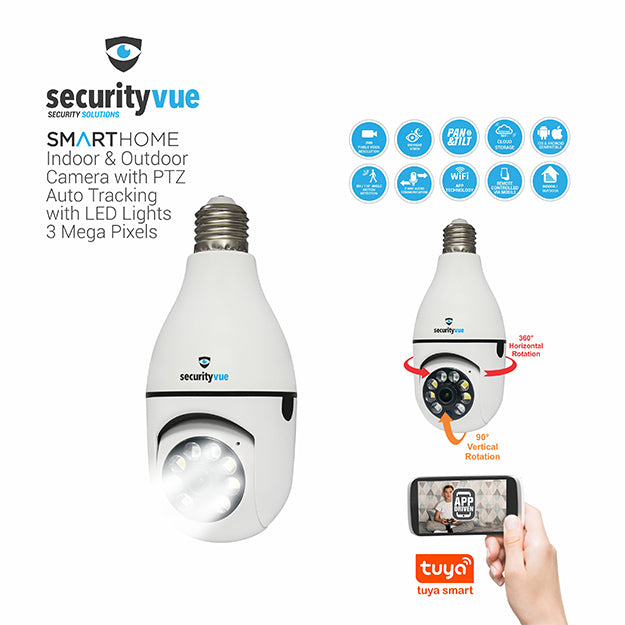 SecurityVue Smart Home 3 Mega Pixel Indoor & Outdoor Camera With PTZ Auto Tracking & LED Lights (Installed Into Your E27 Light Bulb Socket Fitting)