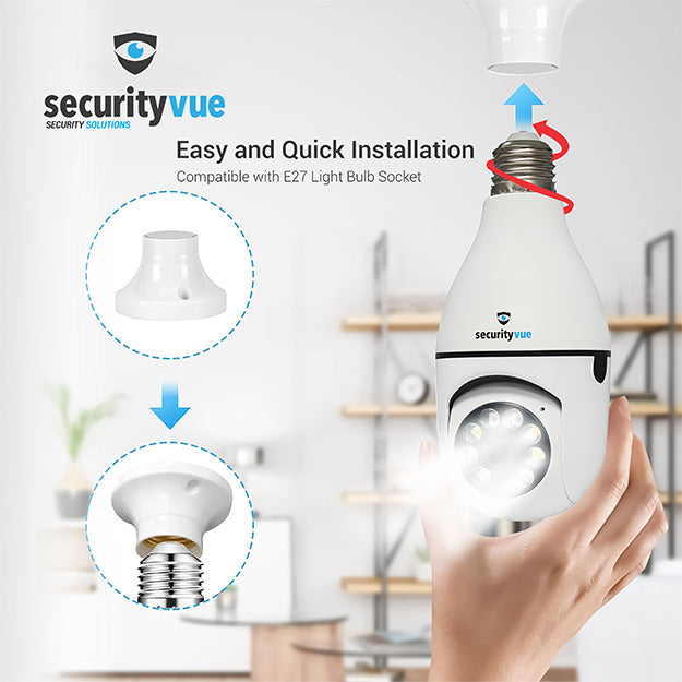 SecurityVue Smart Home 3 Mega Pixel Indoor & Outdoor Camera With PTZ Auto Tracking & LED Lights (Installed Into Your E27 Light Bulb Socket Fitting)