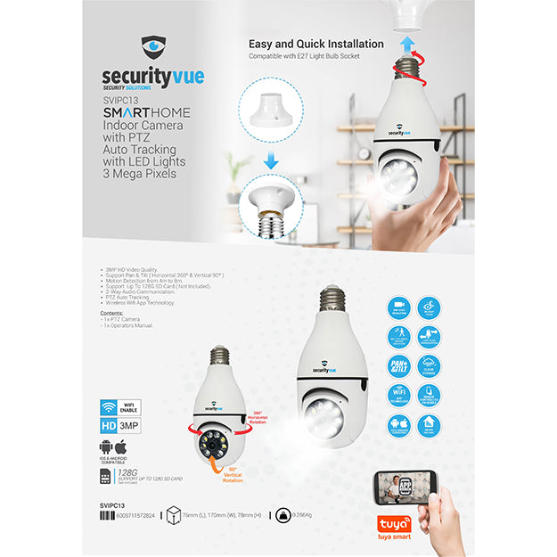 SecurityVue Smart Home 3 Mega Pixel Indoor & Outdoor Camera With PTZ Auto Tracking & LED Lights (Installed Into Your E27 Light Bulb Socket Fitting)