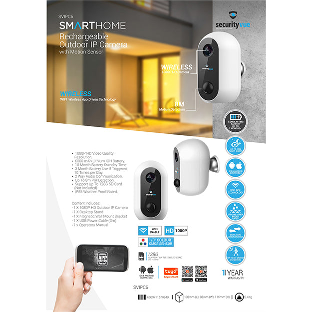 SecurityVue Smart Home Rechargeable Outdoor IP Camera With Motion Sensor - White