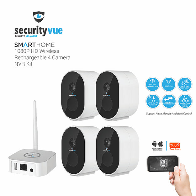 SecurityVue Smart Home 1080P HD Wireless Rechargeable 4 Camera NVR Kit - White