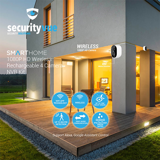 SecurityVue Smart Home 1080P HD Wireless Rechargeable 4 Camera NVR Kit - White