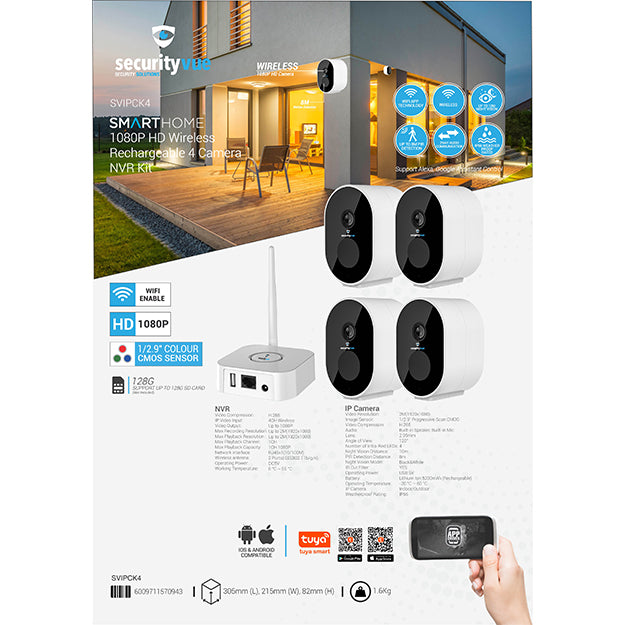 SecurityVue Smart Home 1080P HD Wireless Rechargeable 4 Camera NVR Kit - White